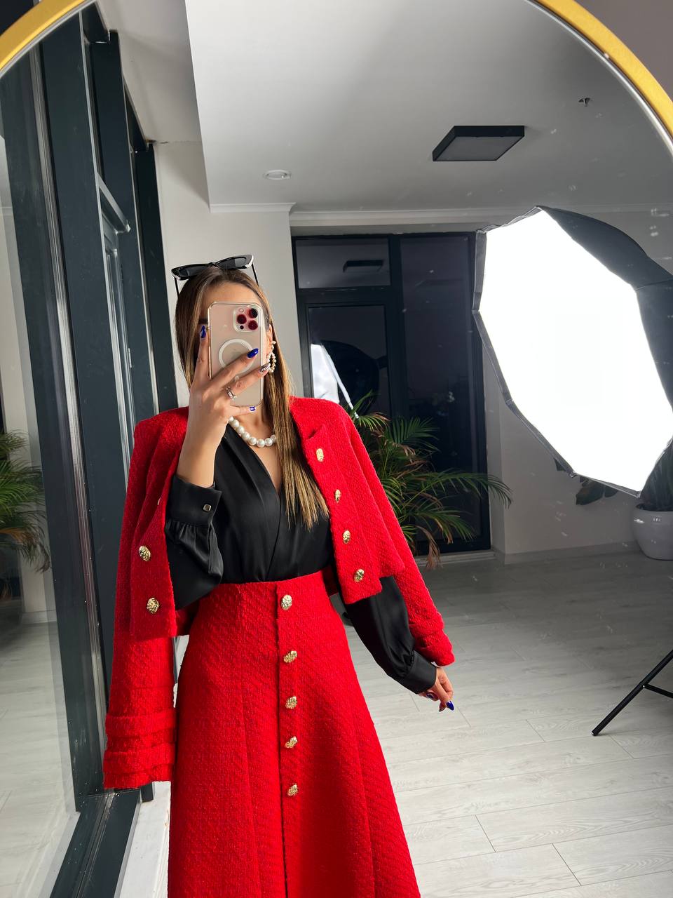 Kırmızı Premium Kalite Lina Tuvid Takım Etek Ceket