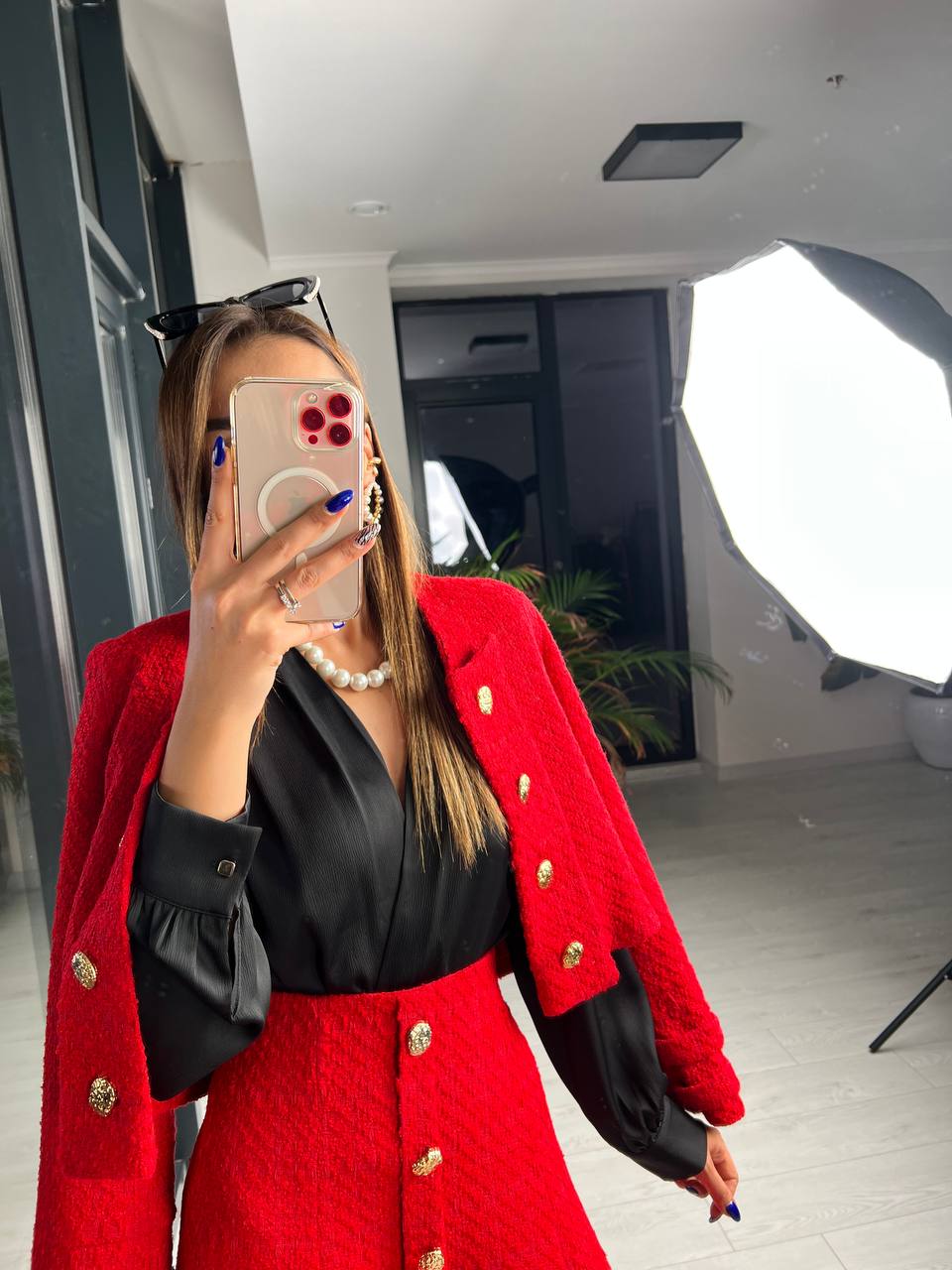 Kırmızı Premium Kalite Lina Tuvid Takım Etek Ceket