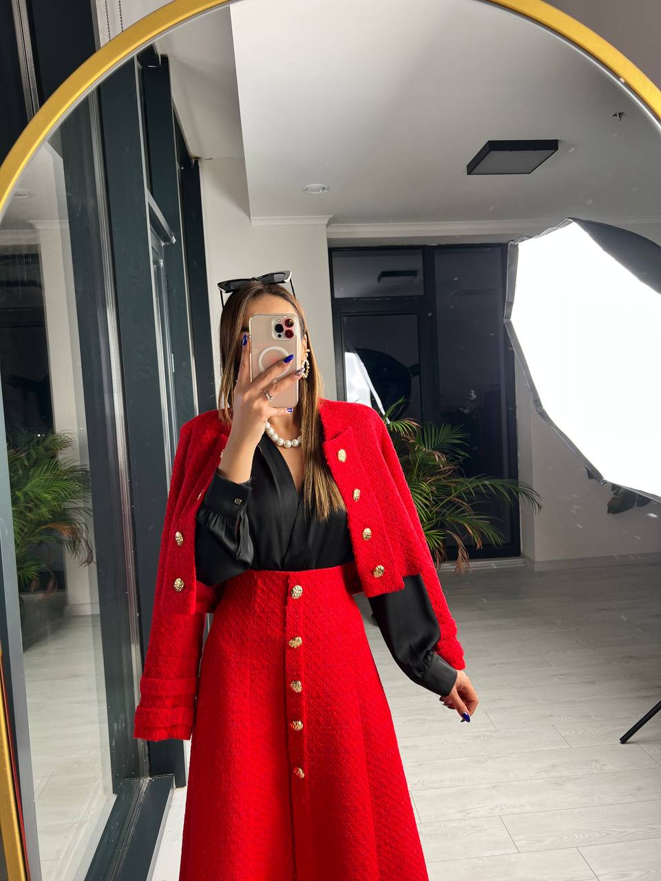 Kırmızı Premium Kalite Lina Tuvid Takım Etek Ceket