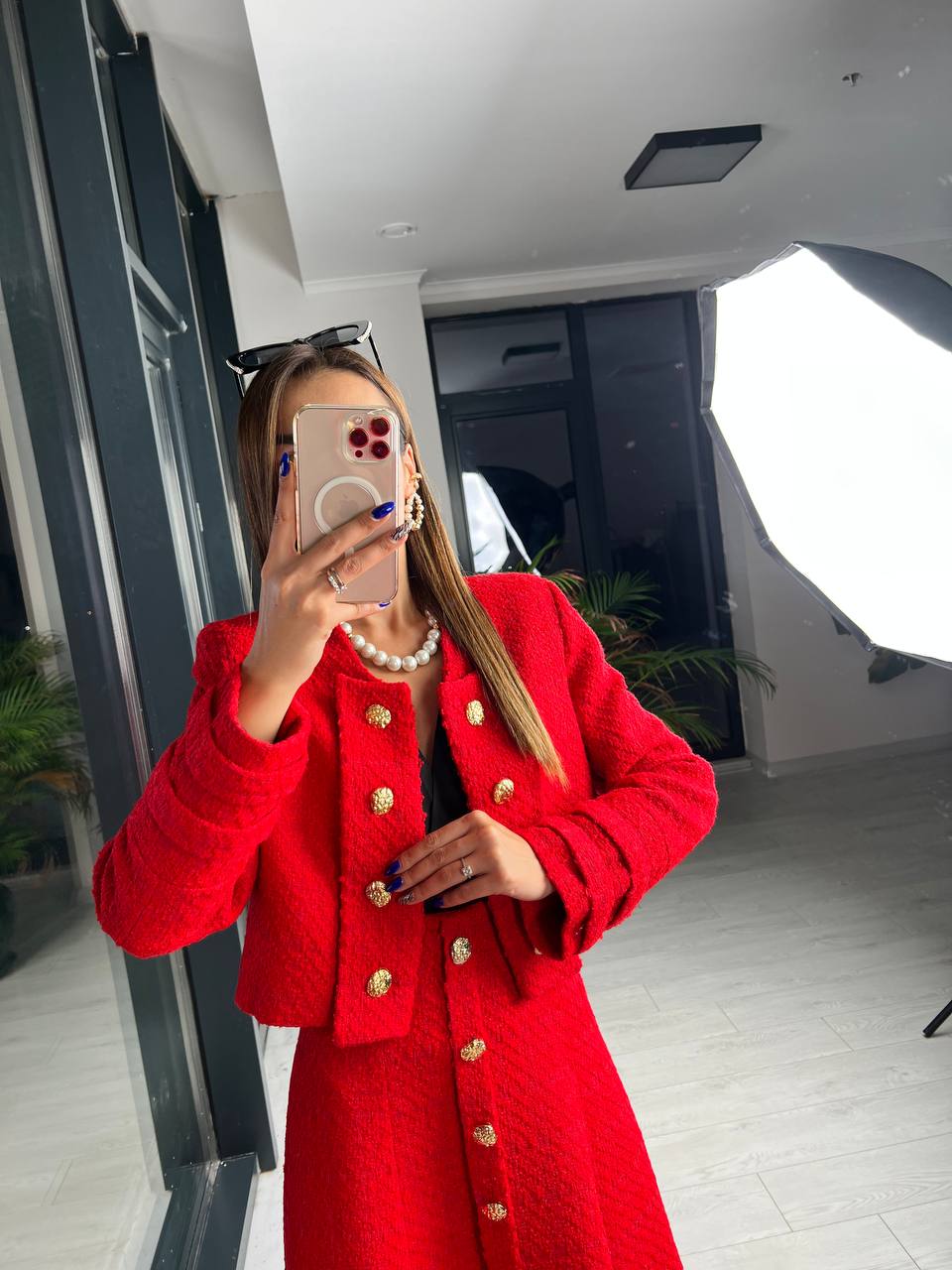 Kırmızı Premium Kalite Lina Tuvid Takım Etek Ceket