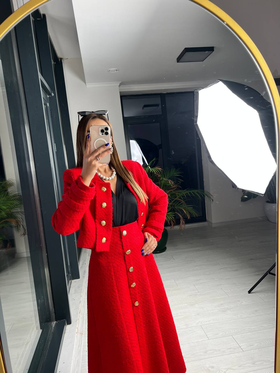 Kırmızı Premium Kalite Lina Tuvid Takım Etek Ceket