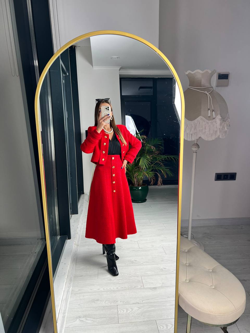 Kırmızı Premium Kalite Lina Tuvid Takım Etek Ceket