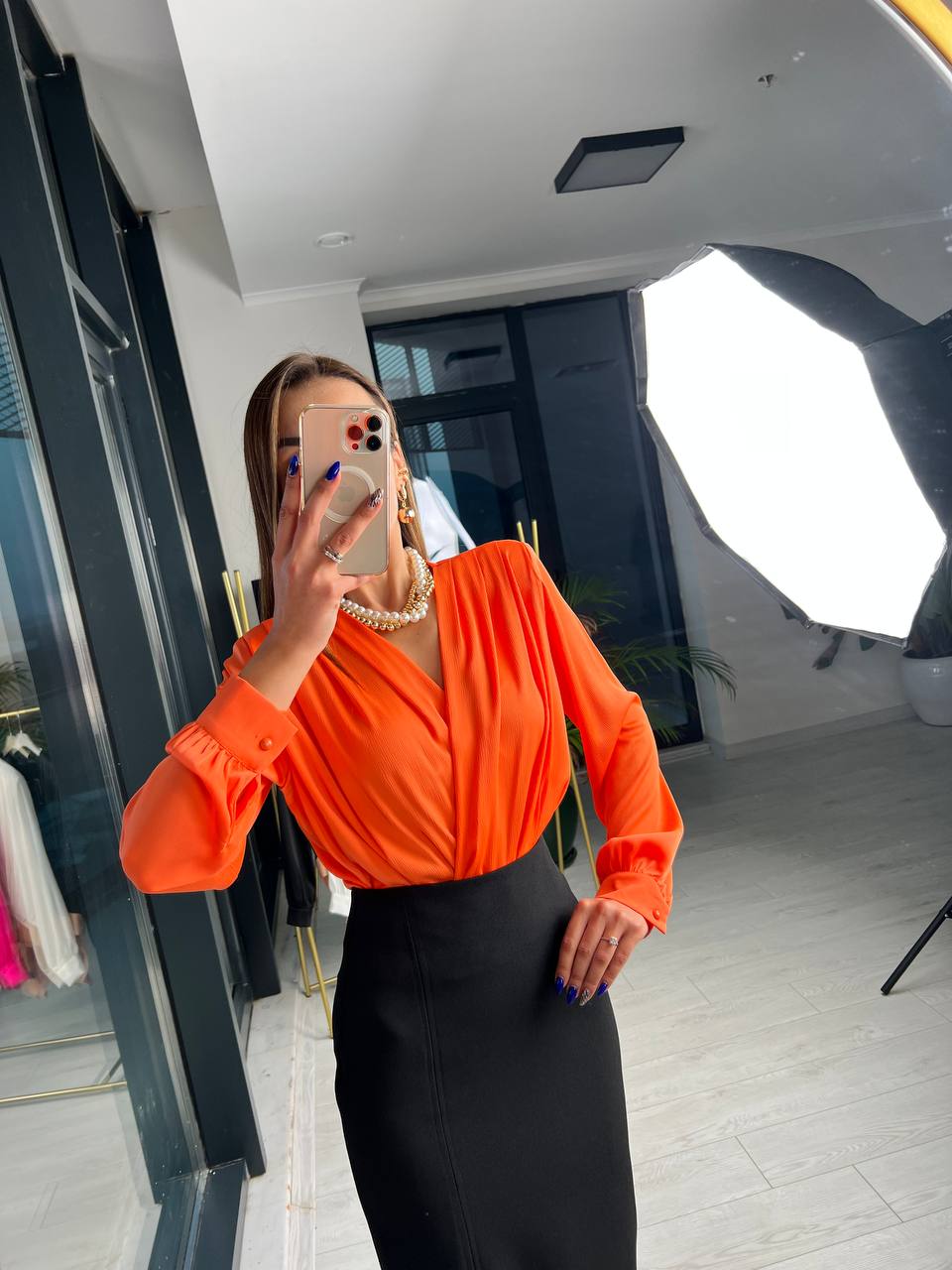 Orange Vatkalı Premium ipekli Bodysuit Bluz 