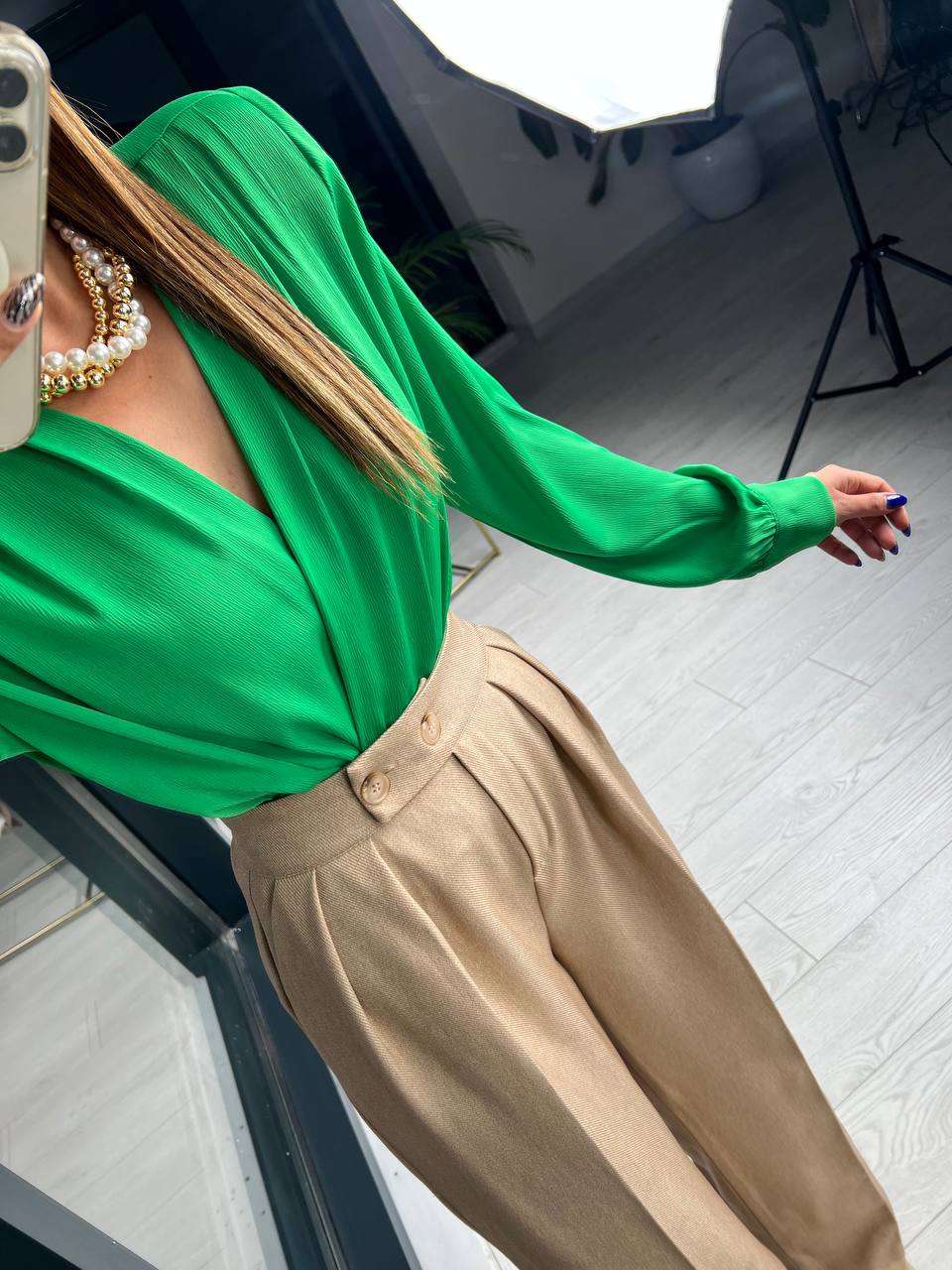 Yeşil Vatkalı Premium ipekli Bodysuit Bluz 