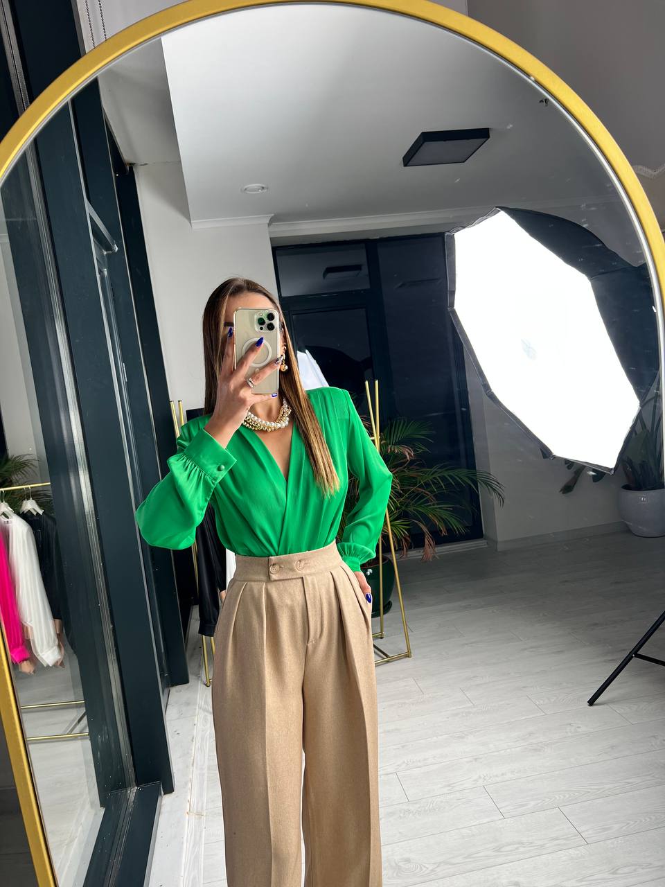 Yeşil Vatkalı Premium ipekli Bodysuit Bluz 