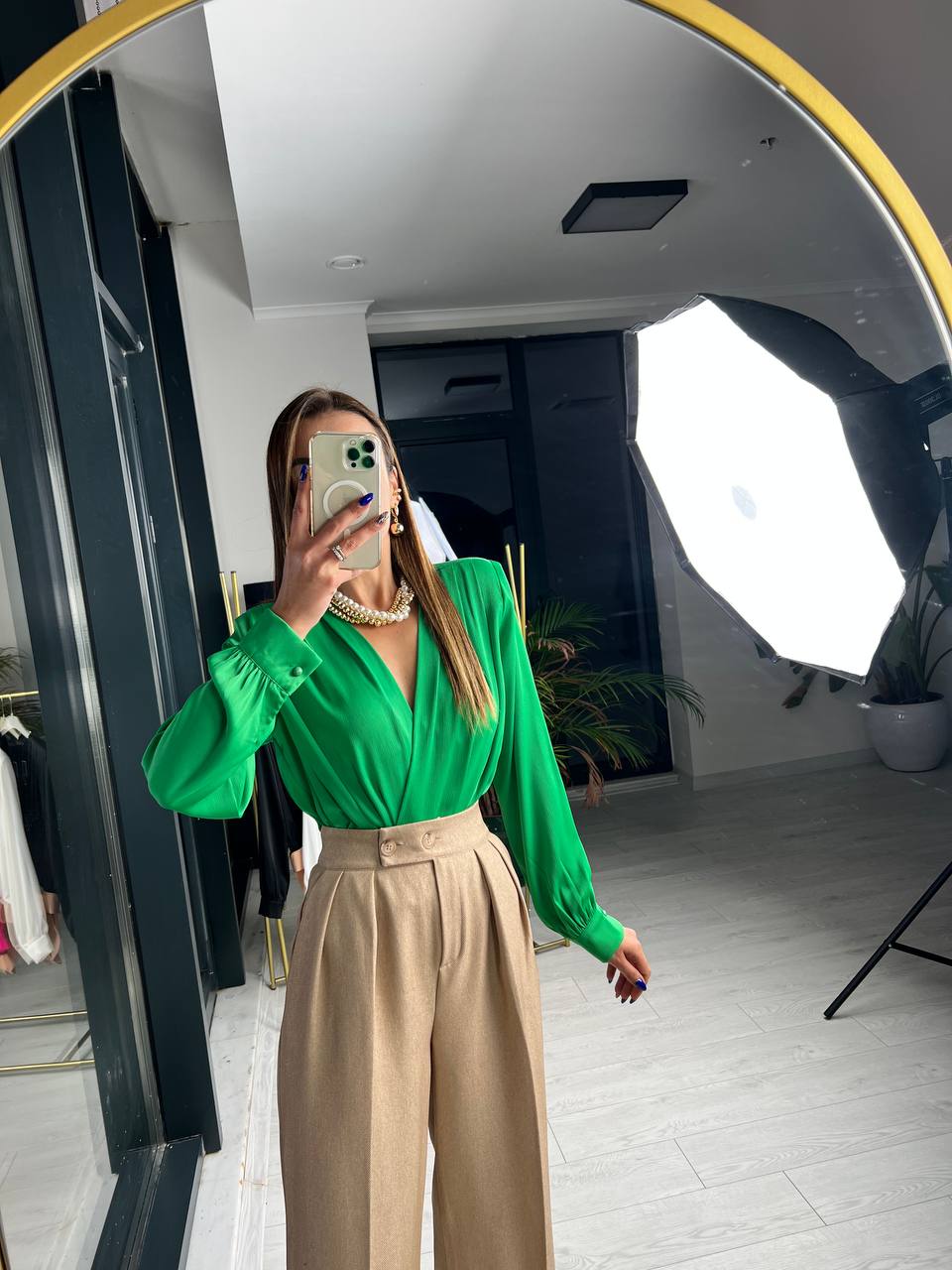 Yeşil Vatkalı Premium ipekli Bodysuit Bluz 