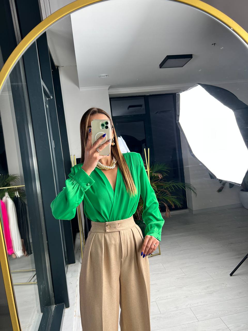 Yeşil Vatkalı Premium ipekli Bodysuit Bluz 