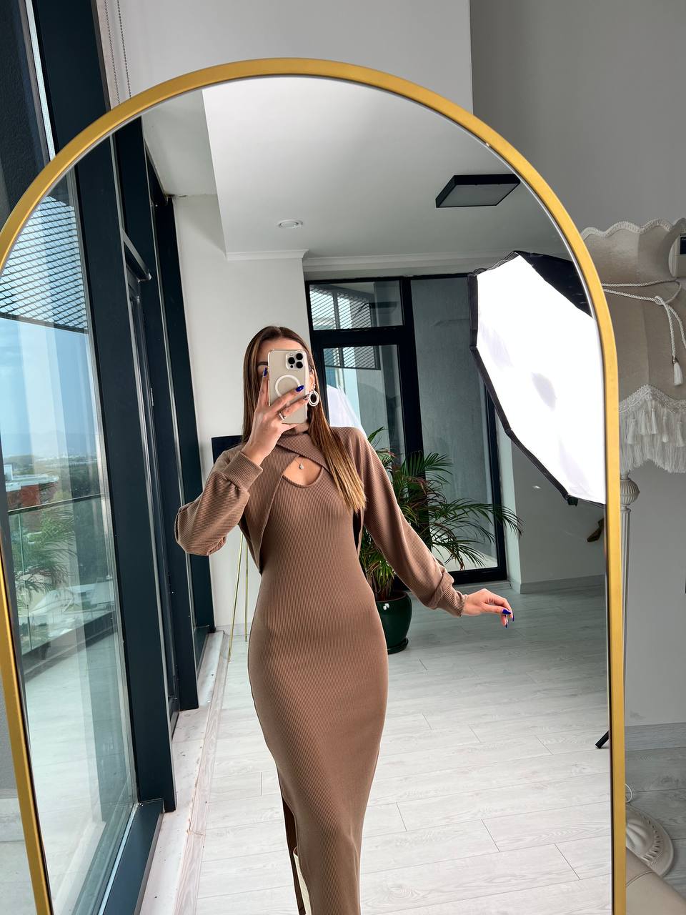 Kahverengi Fitilli Kumaş Bolero Detay Elbise