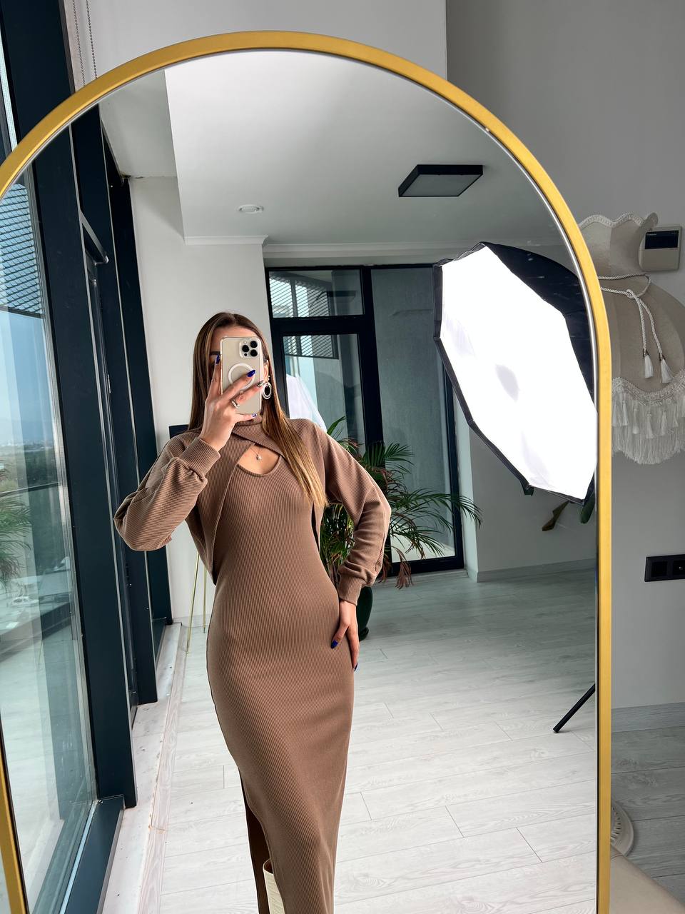 Kahverengi Fitilli Kumaş Bolero Detay Elbise