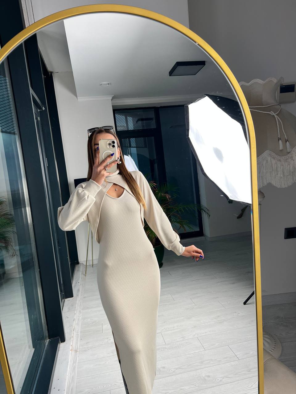 Taş%20Rengi Fitilli%20Kumaş%20Bolero%20Detay%20Elbise