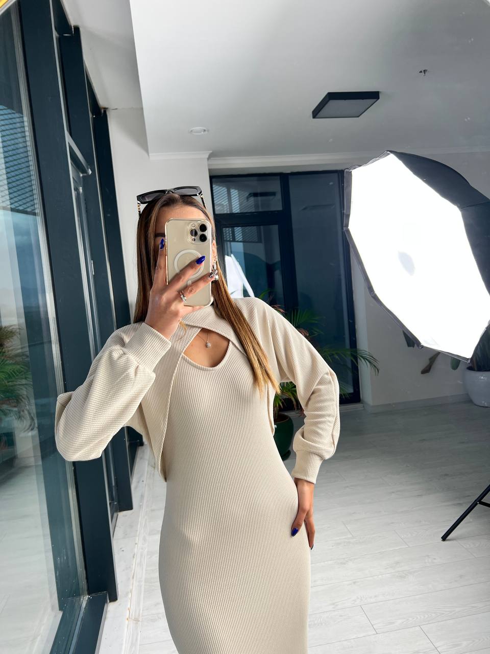 Taş%20Rengi Fitilli%20Kumaş%20Bolero%20Detay%20Elbise