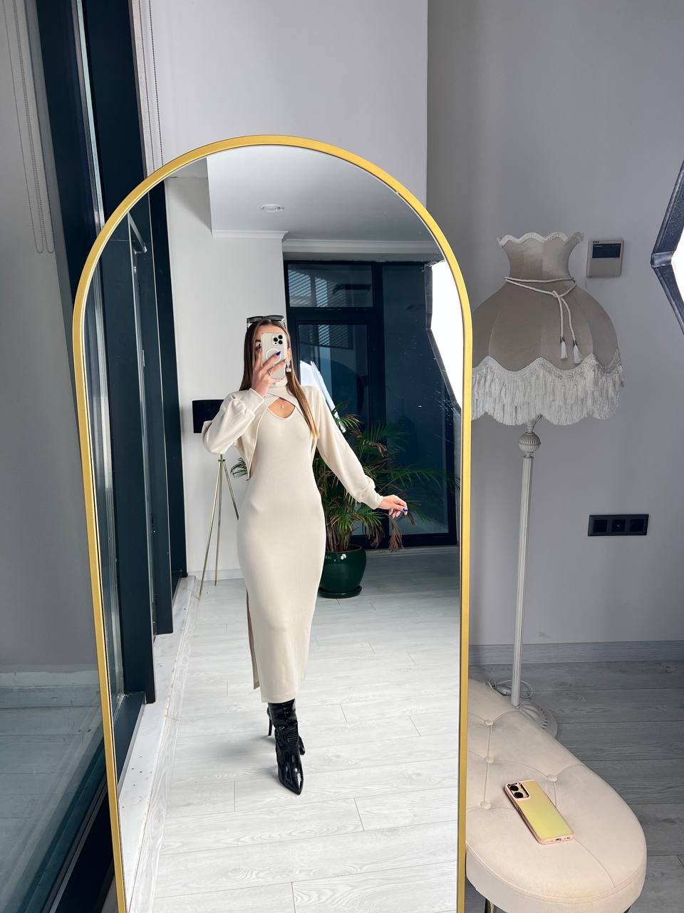 Taş%20Rengi Fitilli%20Kumaş%20Bolero%20Detay%20Elbise