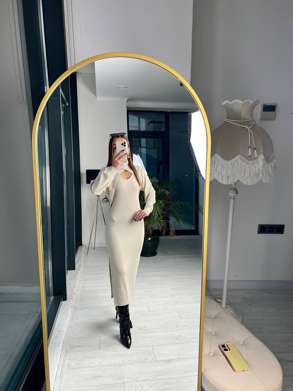 Taş%20Rengi Fitilli%20Kumaş%20Bolero%20Detay%20Elbise