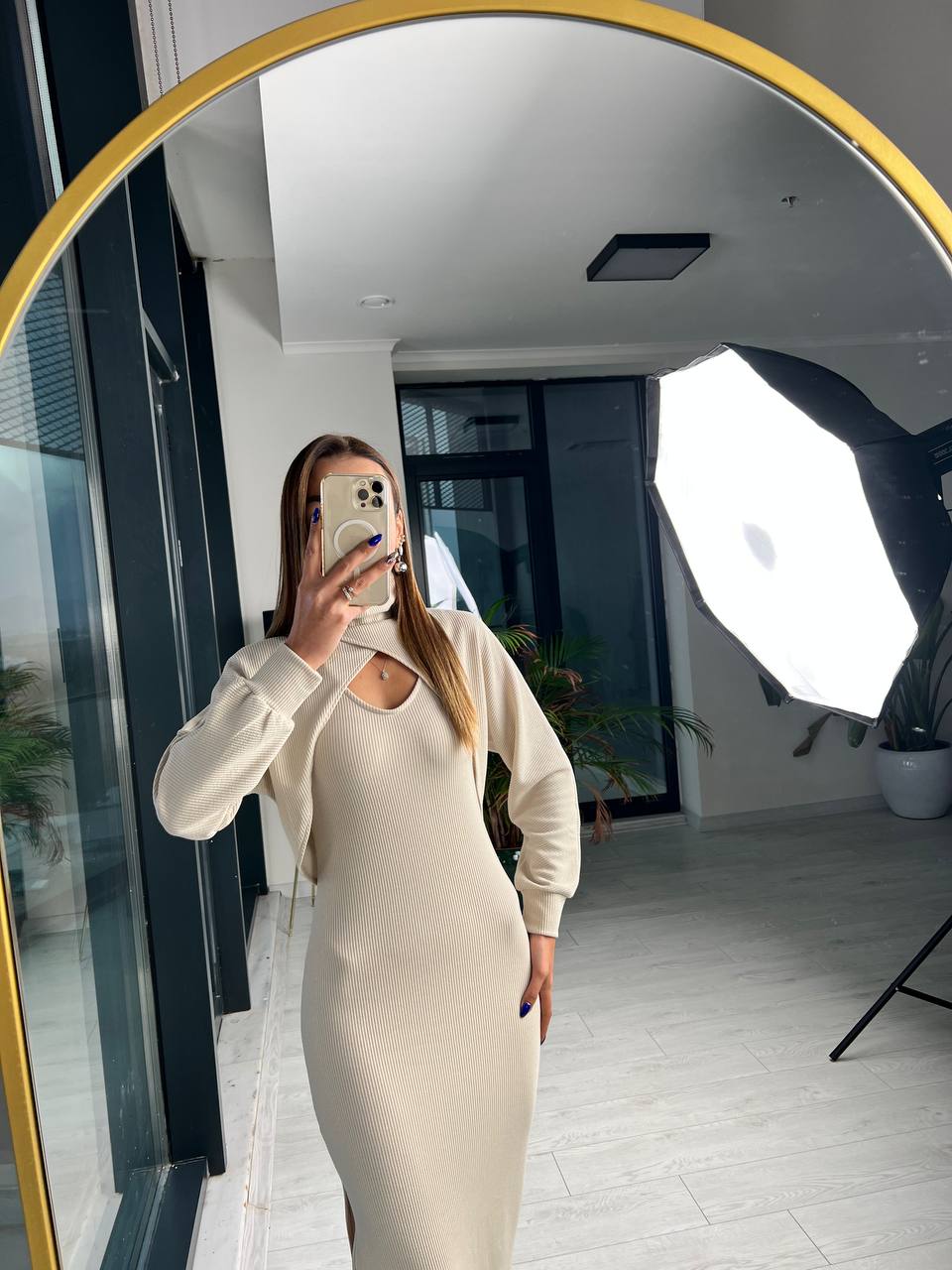 Taş%20Rengi Fitilli%20Kumaş%20Bolero%20Detay%20Elbise