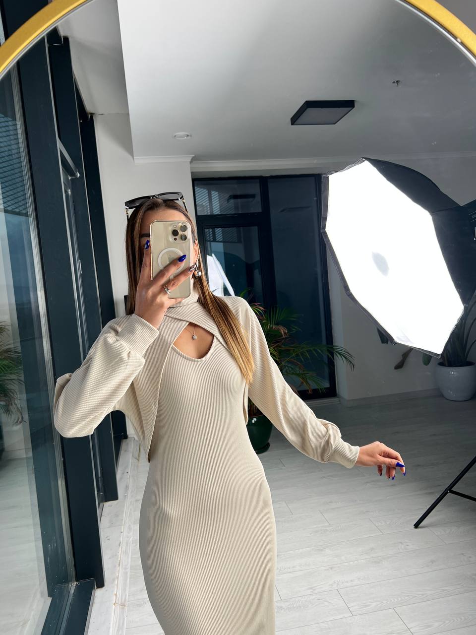 Taş%20Rengi Fitilli%20Kumaş%20Bolero%20Detay%20Elbise