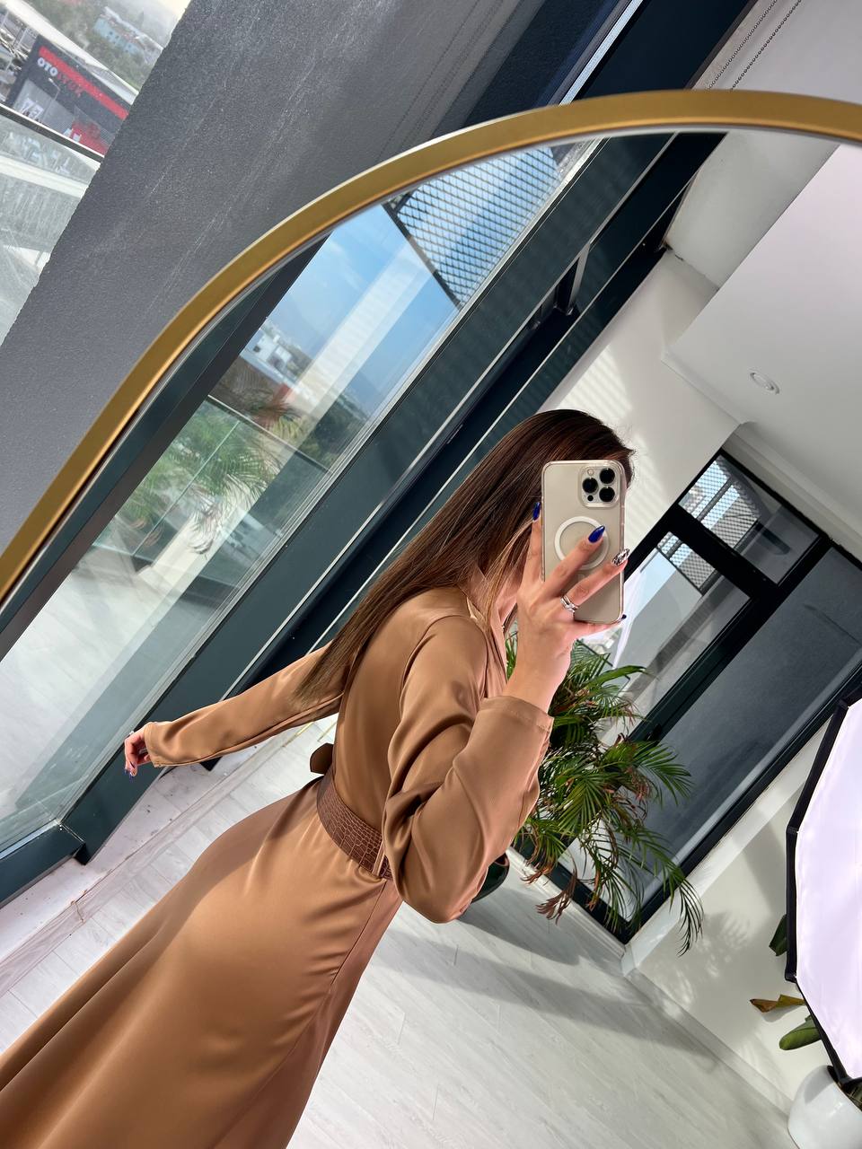 Camel Kemerli Tok Saten Elbise
