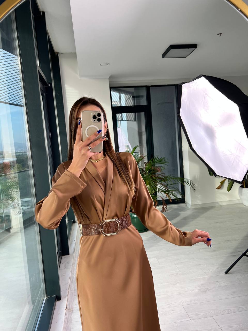 Camel Kemerli Tok Saten Elbise