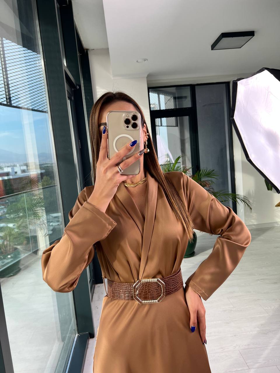 Camel Kemerli Tok Saten Elbise