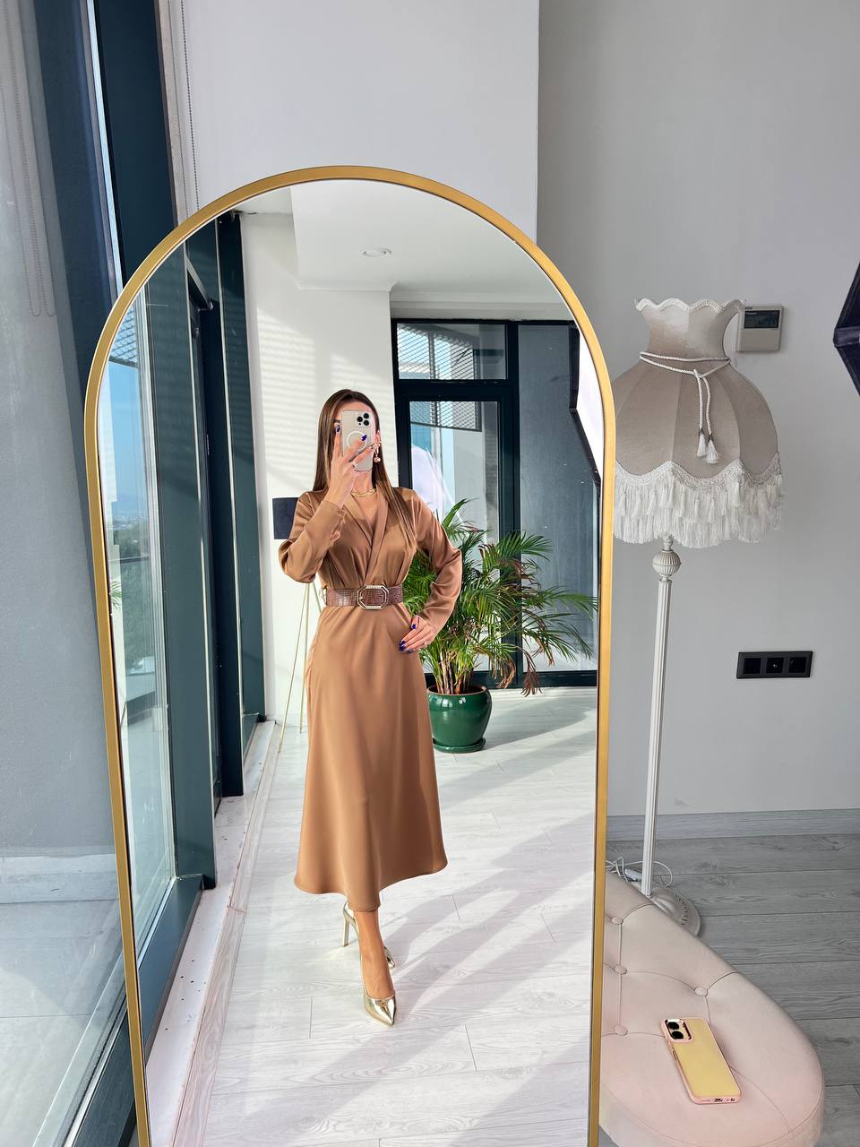 Camel Kemerli Tok Saten Elbise