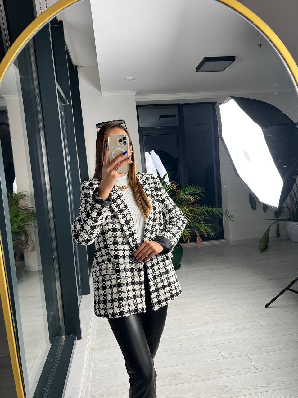 Siyah Beyaz Ekose Astarlı Blazer Ceket