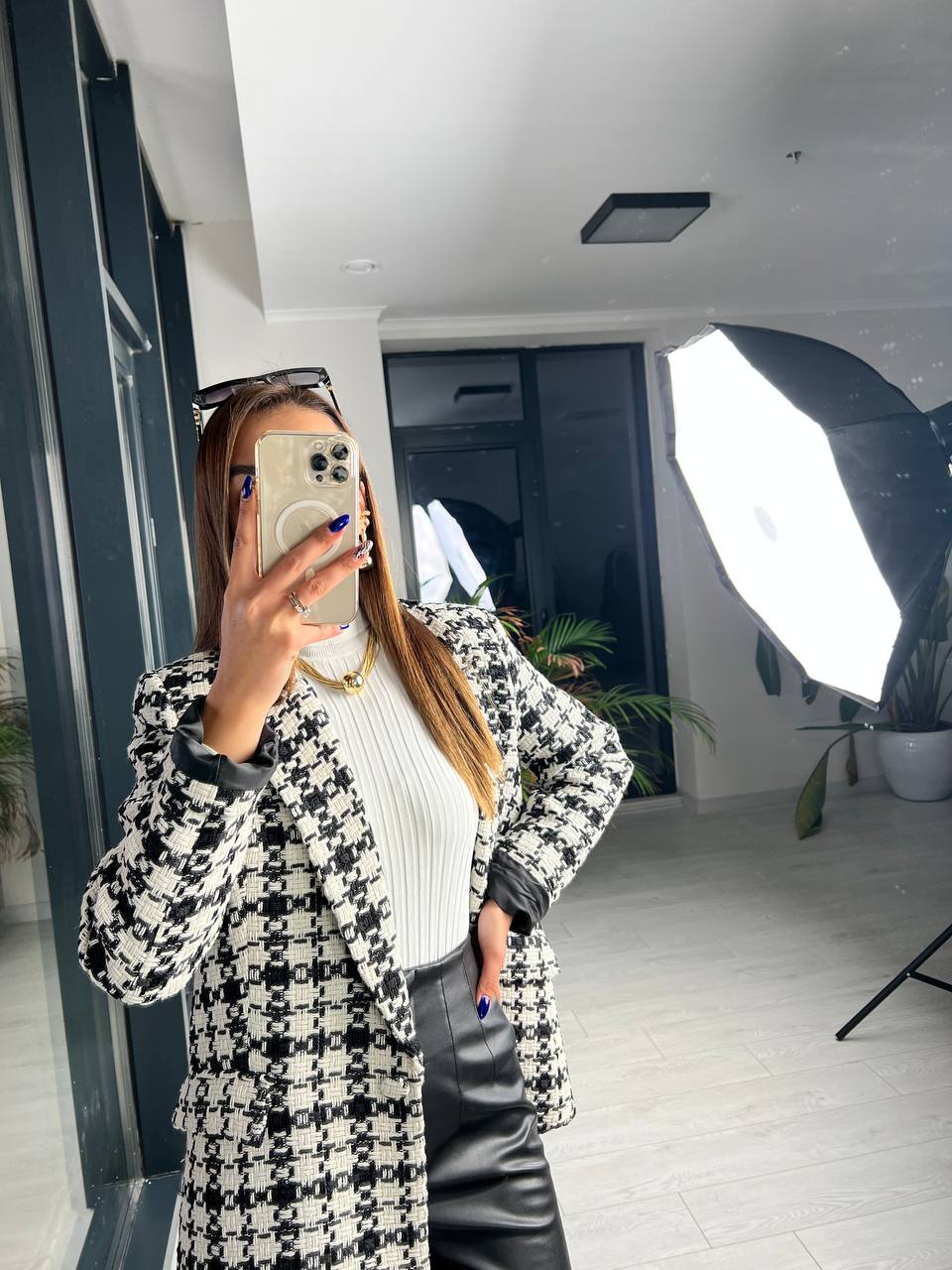 Siyah Beyaz Ekose Astarlı Blazer Ceket