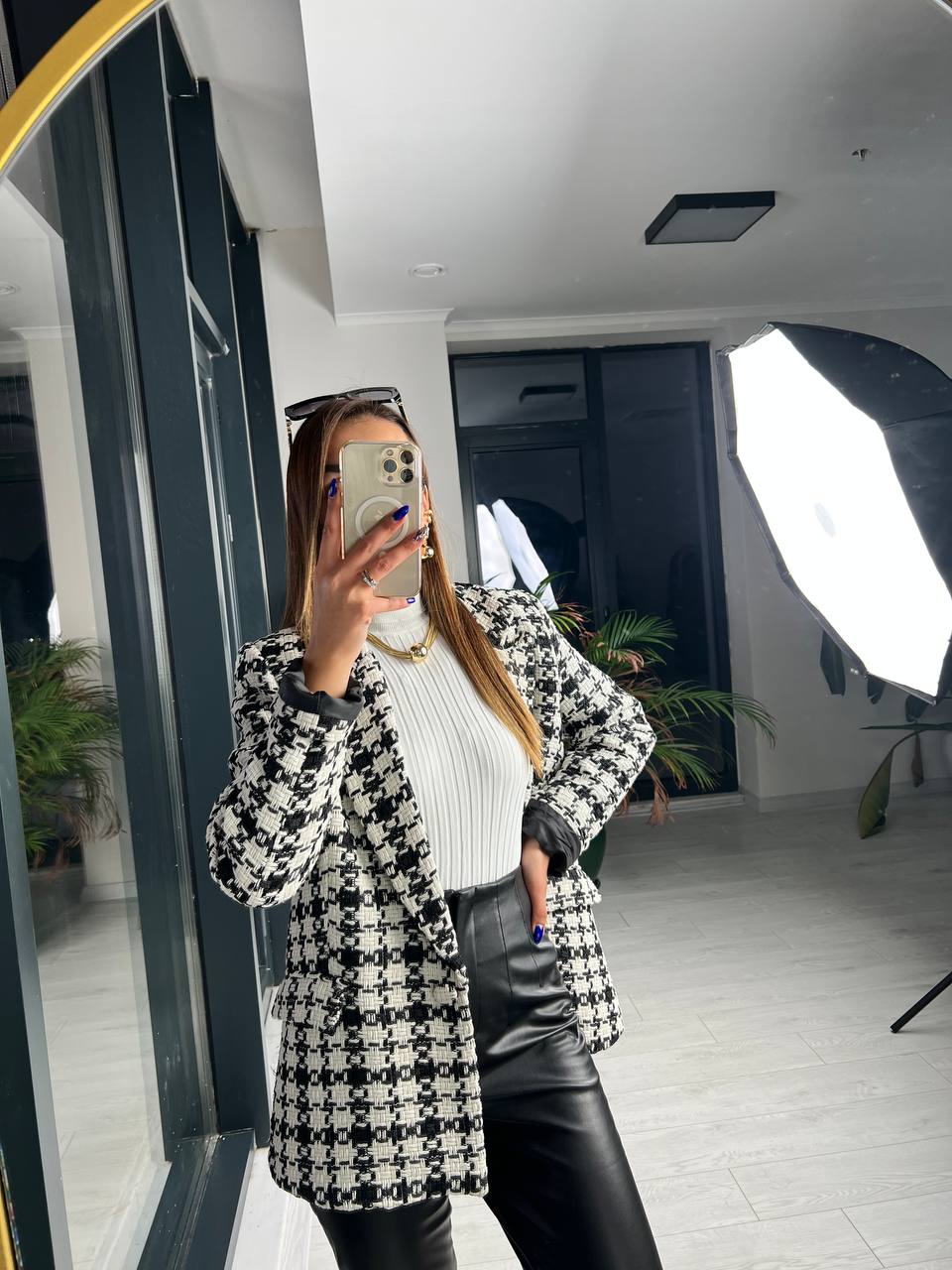 Siyah Beyaz Ekose Astarlı Blazer Ceket