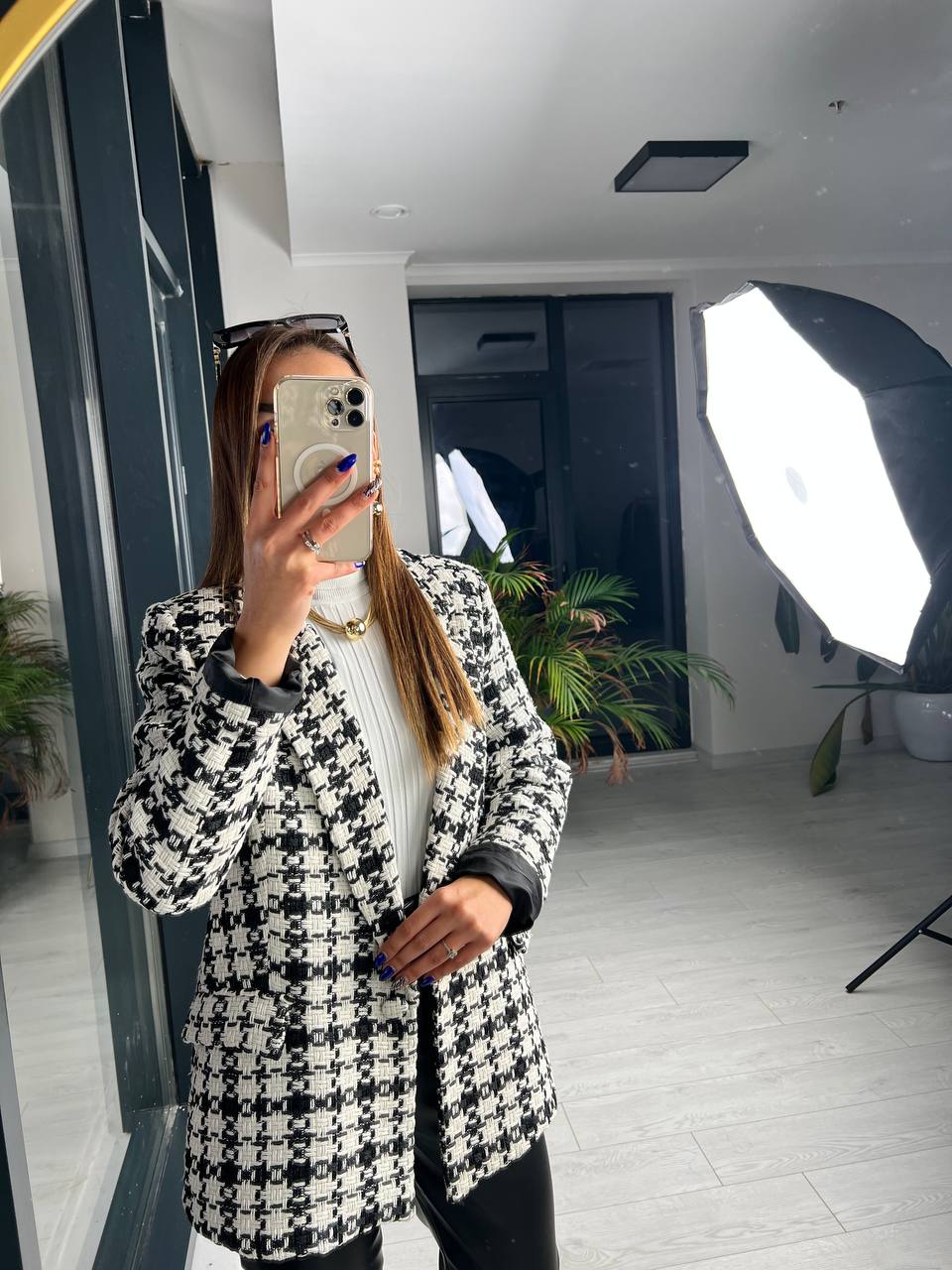 Siyah Beyaz Ekose Astarlı Blazer Ceket