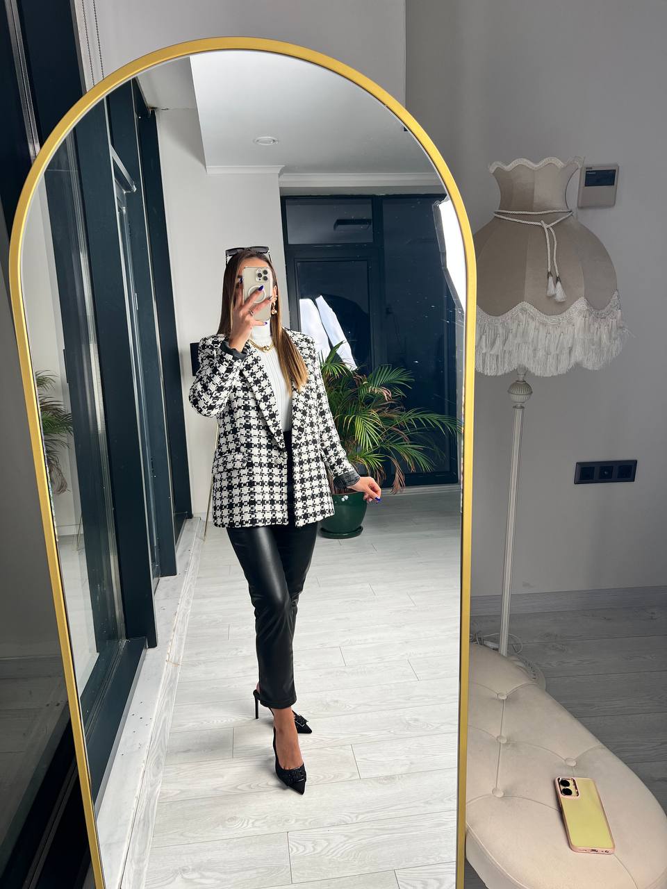 Siyah Beyaz Ekose Astarlı Blazer Ceket