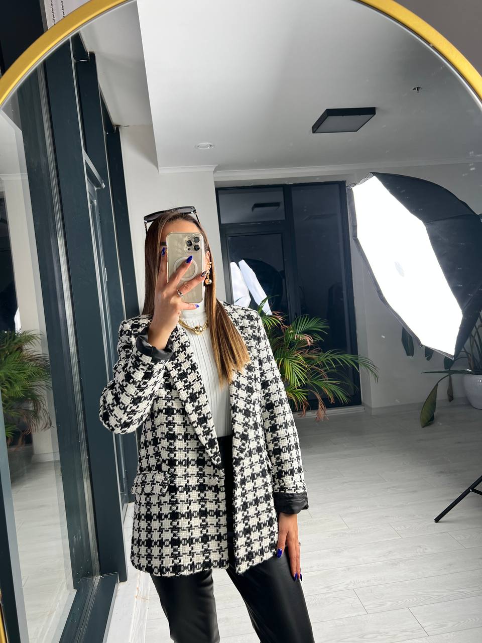 Siyah Beyaz Ekose Astarlı Blazer Ceket