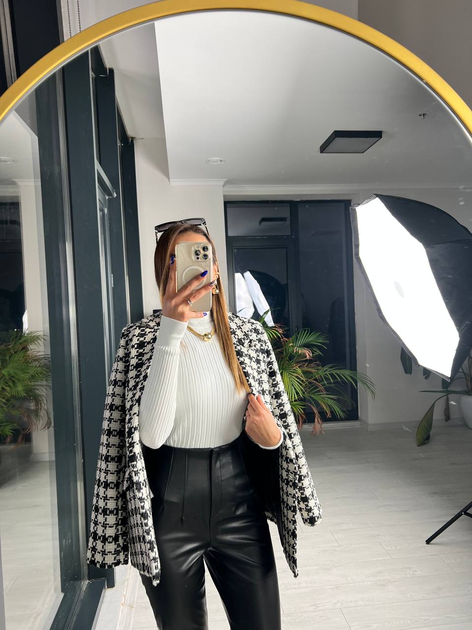 Siyah Beyaz Ekose Astarlı Blazer Ceket