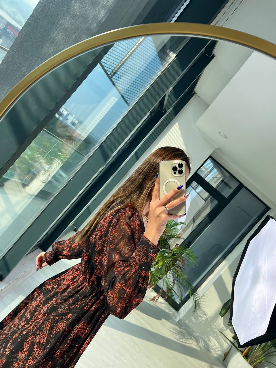 Orange Desenli Astarlı şifon Elbise