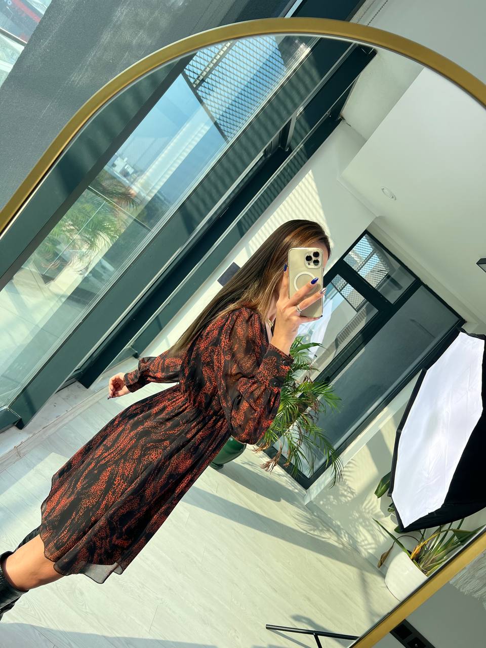 Orange Desenli Astarlı şifon Elbise