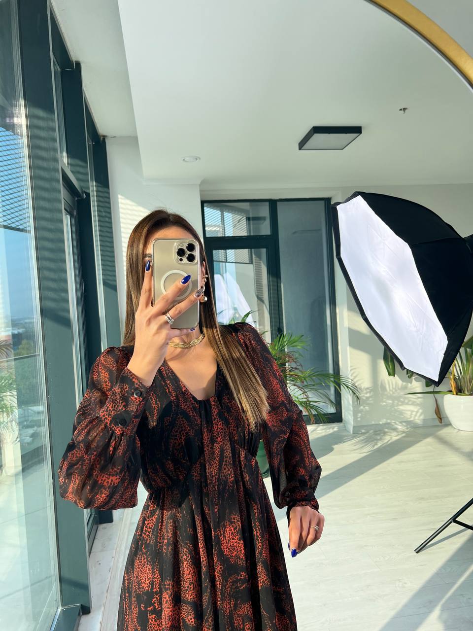 Orange Desenli Astarlı şifon Elbise