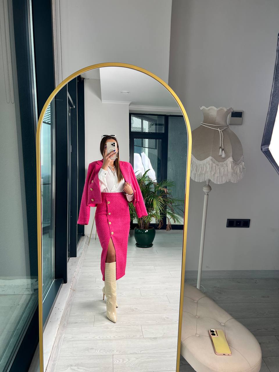 Premium Fusya Gül Gold Düğme Detaylı tuvid Etek Ceket Takım 