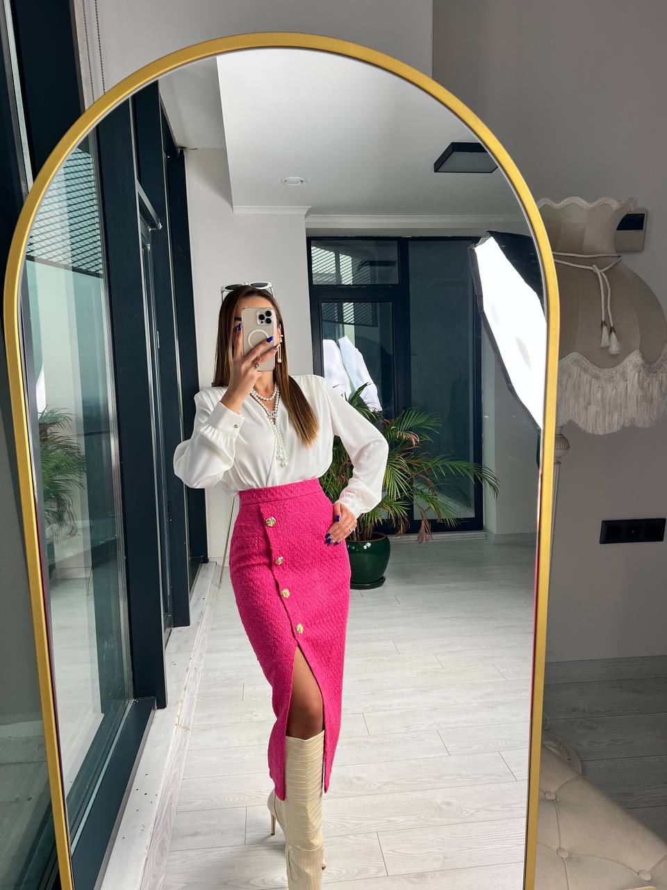Premium Fusya Gül Gold Düğme Detaylı tuvid Etek Ceket Takım 