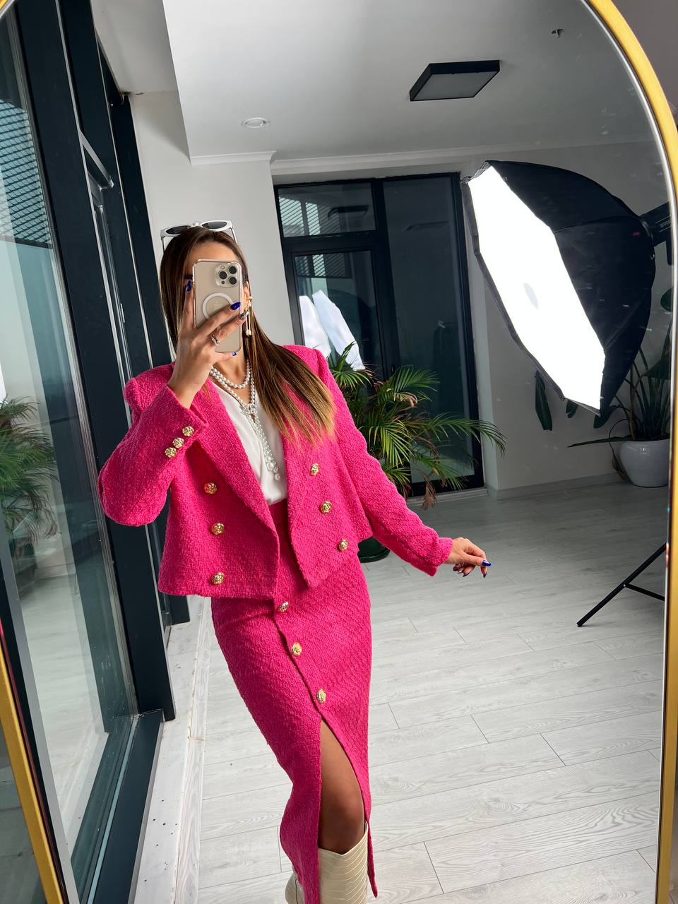 Premium Fusya Gül Gold Düğme Detaylı tuvid Etek Ceket Takım 