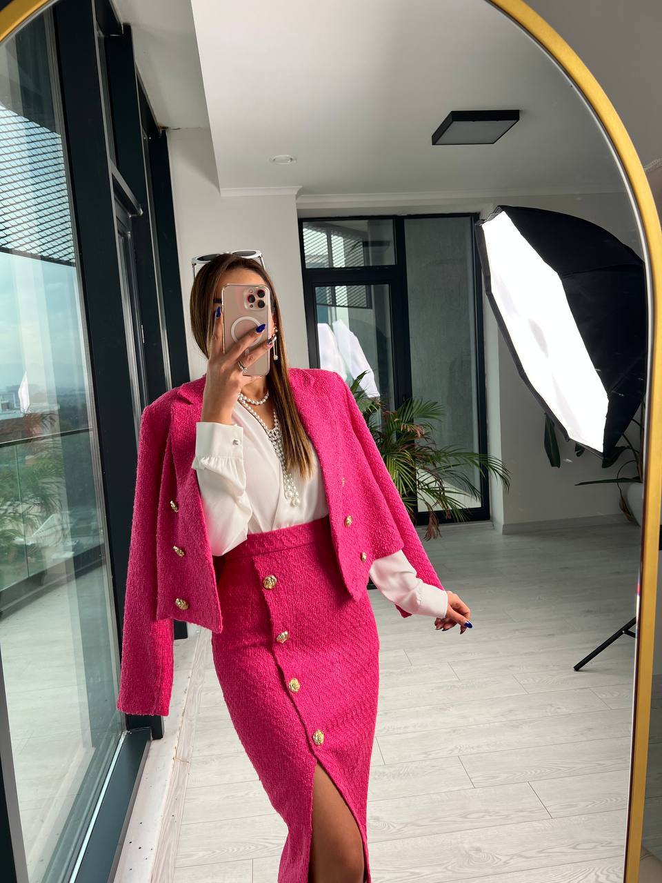 Premium Fusya Gül Gold Düğme Detaylı tuvid Etek Ceket Takım 