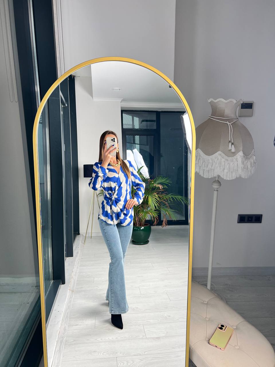 Saks Bağlamalı Lüks ipekli Saten Bluz