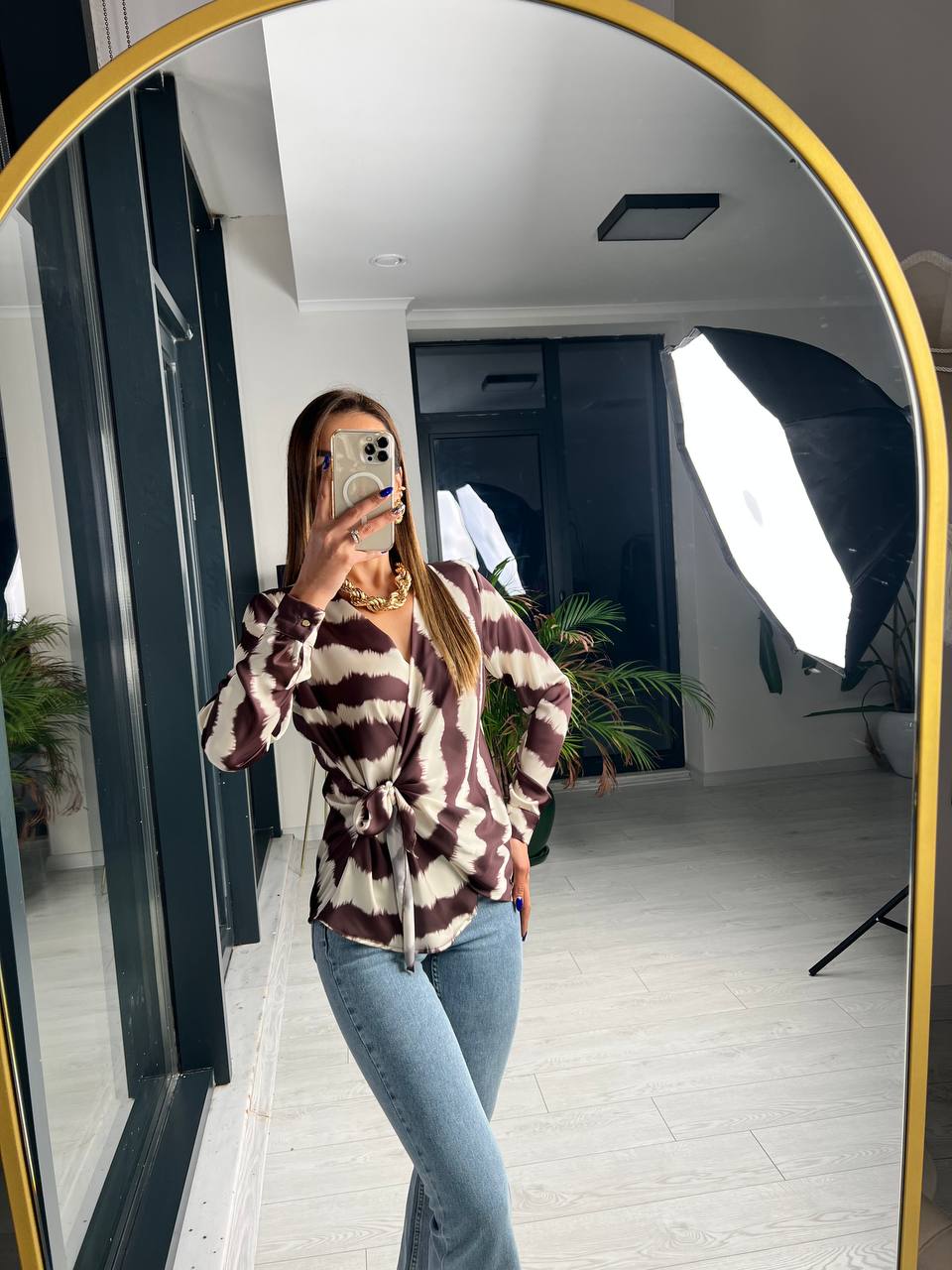 Kahverengi Bağlamalı Lüks ipekli Saten Bluz