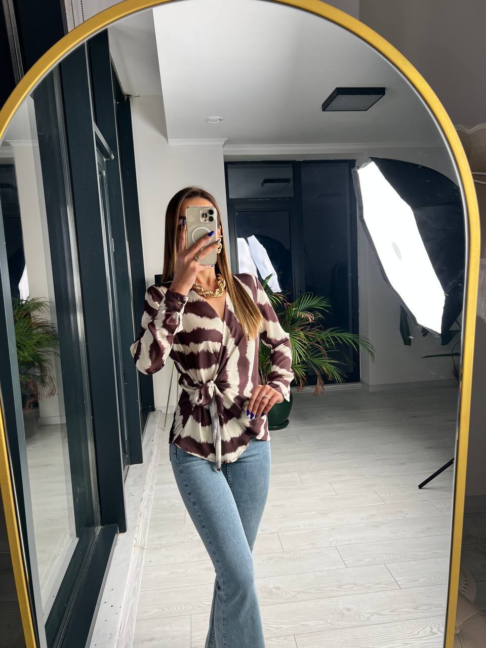 Kahverengi Bağlamalı Lüks ipekli Saten Bluz