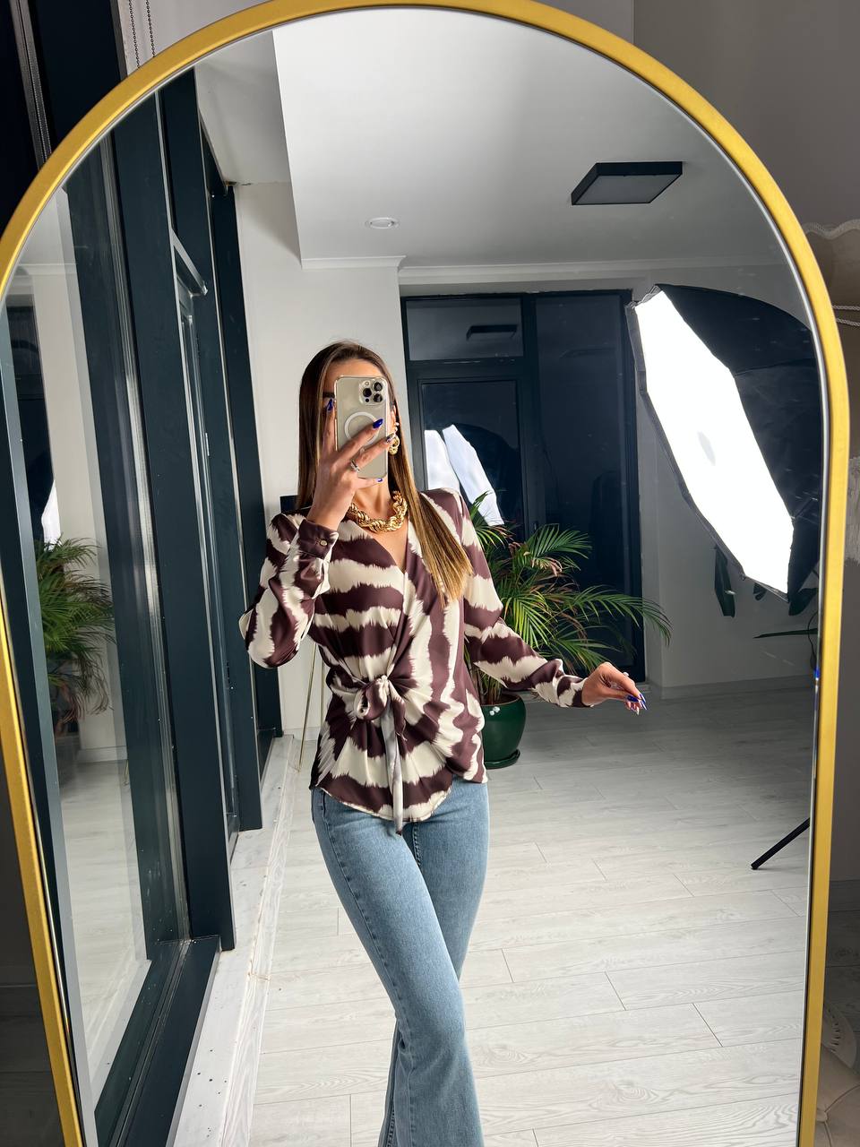 Kahverengi Bağlamalı Lüks ipekli Saten Bluz