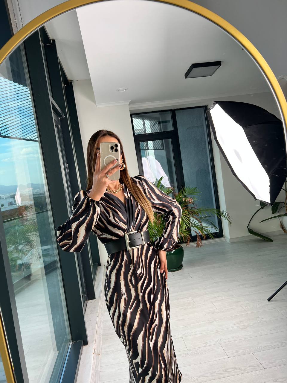 Kemerli Ekstra Tok Saten Zebra Desenli Lüks Kalite Elbise