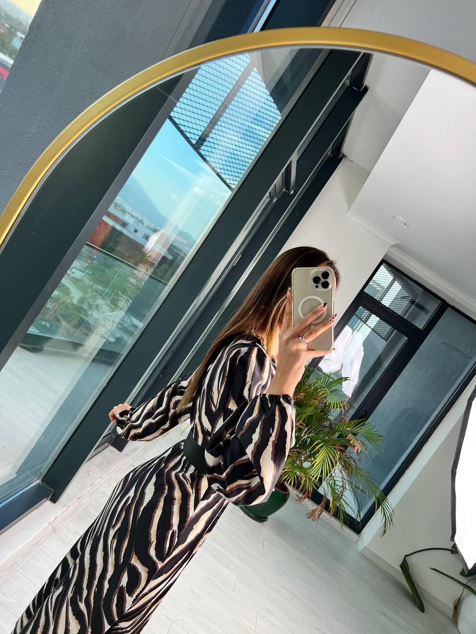 Kemerli Ekstra Tok Saten Zebra Desenli Lüks Kalite Elbise