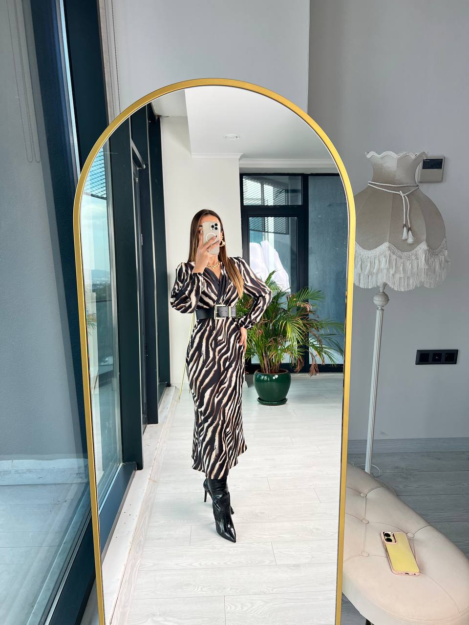 Kemerli Ekstra Tok Saten Zebra Desenli Lüks Kalite Elbise