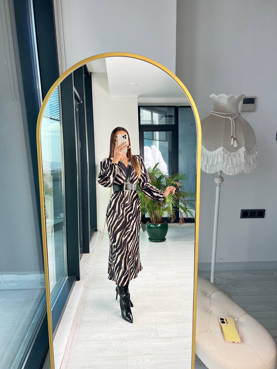 Kemerli Ekstra Tok Saten Zebra Desenli Lüks Kalite Elbise