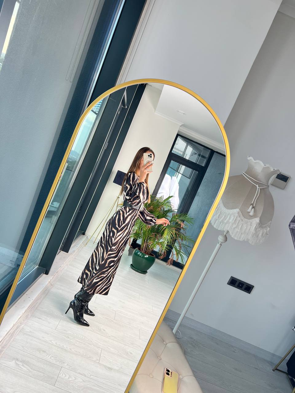 Kemerli Ekstra Tok Saten Zebra Desenli Lüks Kalite Elbise