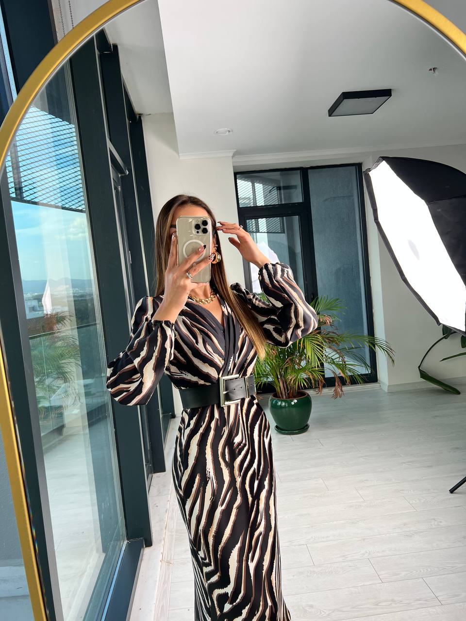 Kemerli Ekstra Tok Saten Zebra Desenli Lüks Kalite Elbise