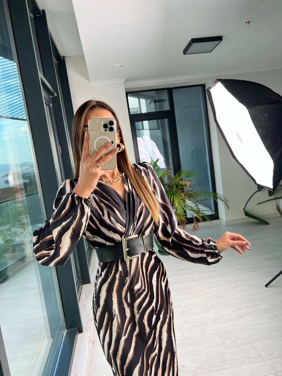 Kemerli Ekstra Tok Saten Zebra Desenli Lüks Kalite Elbise