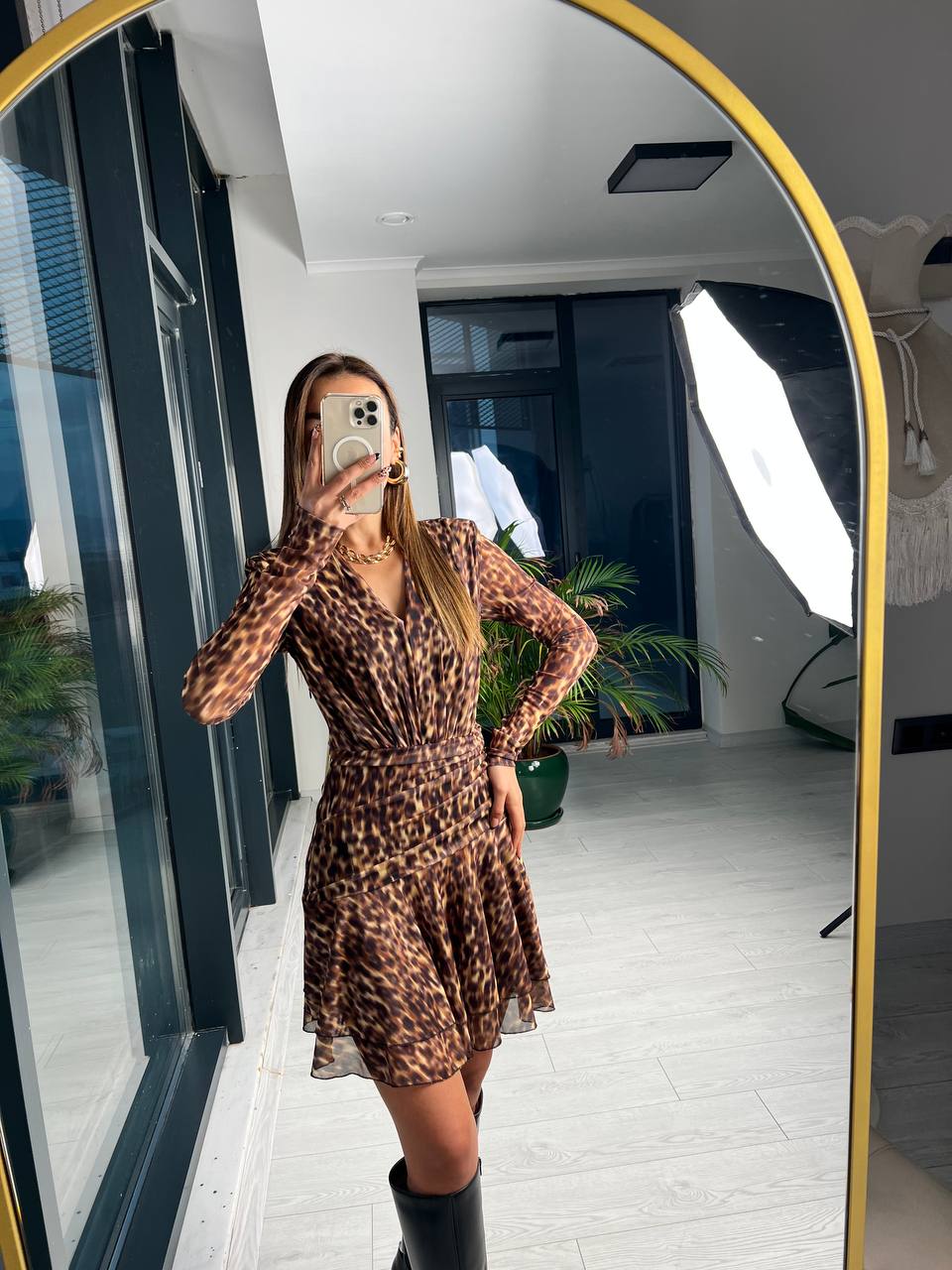 Tasarım Leopar Desen Vatkalı Astarlı Tül Elbise