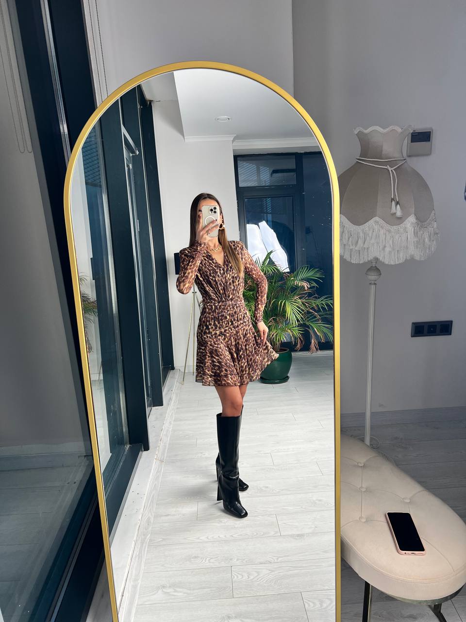 Tasarım Leopar Desen Vatkalı Astarlı Tül Elbise